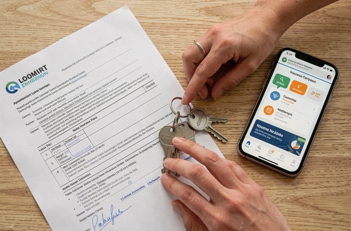 Contrat de location, clés d'appartement et documents d'assurance habitation pour locataire meublé vus de dessus