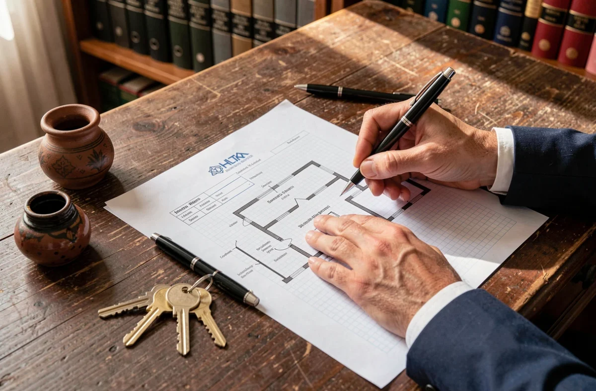 Documents notariaux et clés de maison sur un bureau pour l'achat immobilier à Marrakech
