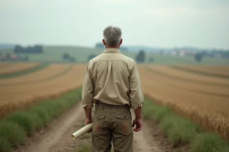 Agriculteur debout au bord d'un terrain agricole ouvert tenant des documents, réfléchissant à une donation de terre pour projet agricole