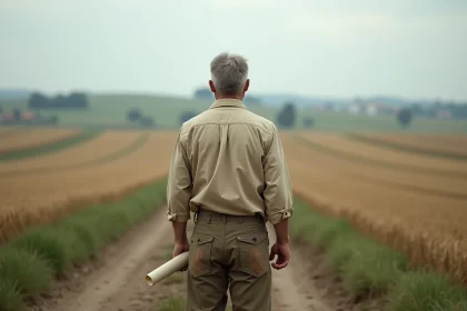 Agriculteur debout au bord d'un terrain agricole ouvert tenant des documents, réfléchissant à une donation de terre pour projet agricole