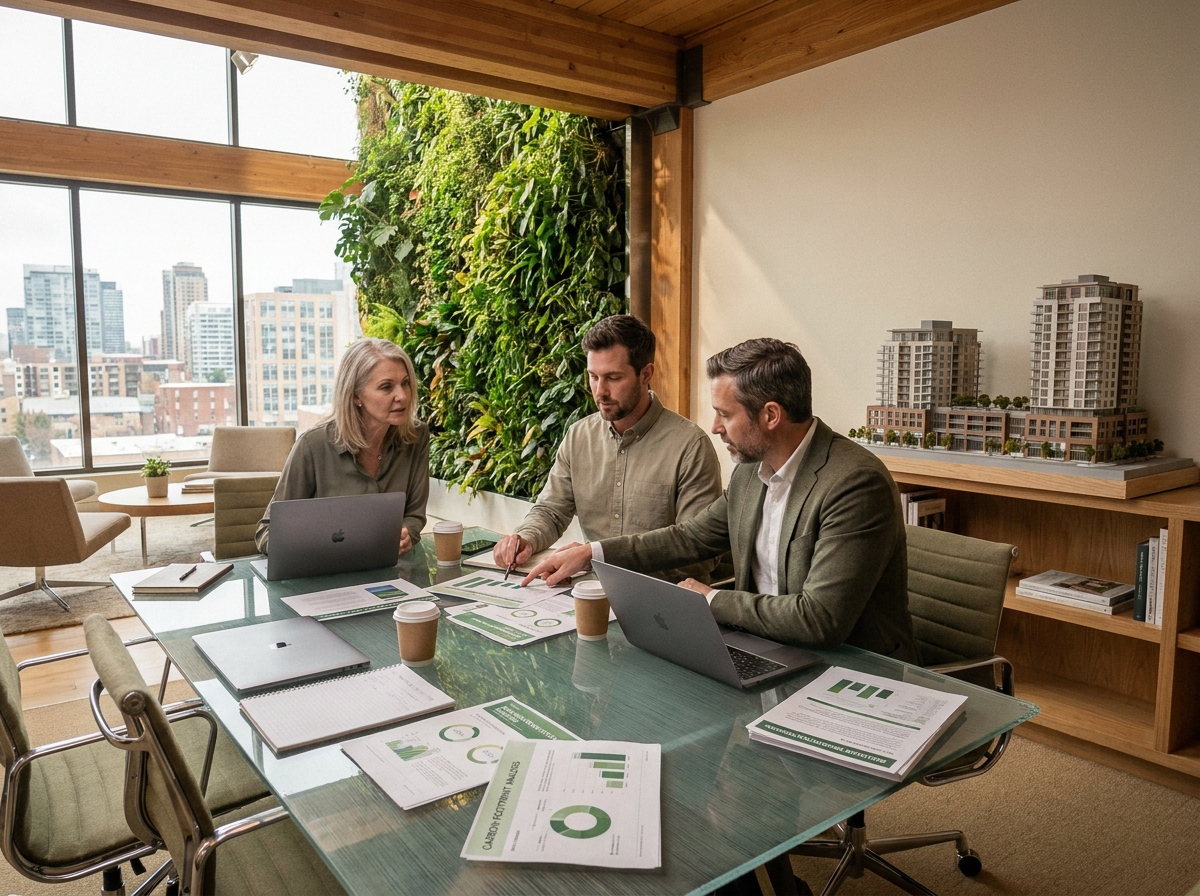 Équipe de professionnels immobiliers collaborant autour de rapports ESG et de plans de rénovation d'actifs dans une salle de réunion moderne