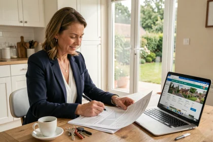 Femme consultant une estimation immobilière pour sa résidence principale à domicile