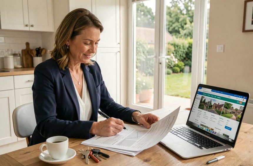 Femme consultant une estimation immobilière pour sa résidence principale à domicile