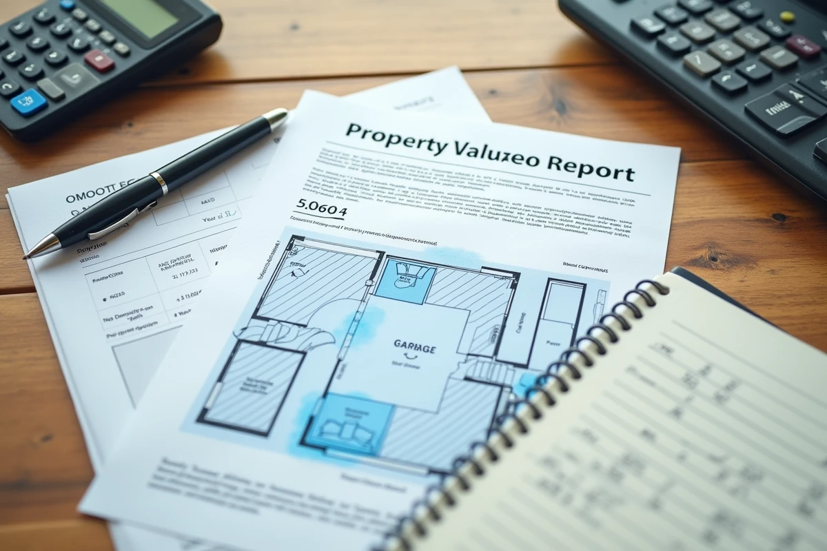 Bureau avec rapport d'estimation immobilière, plan de garage et calculatrice pour évaluer la valeur au m2