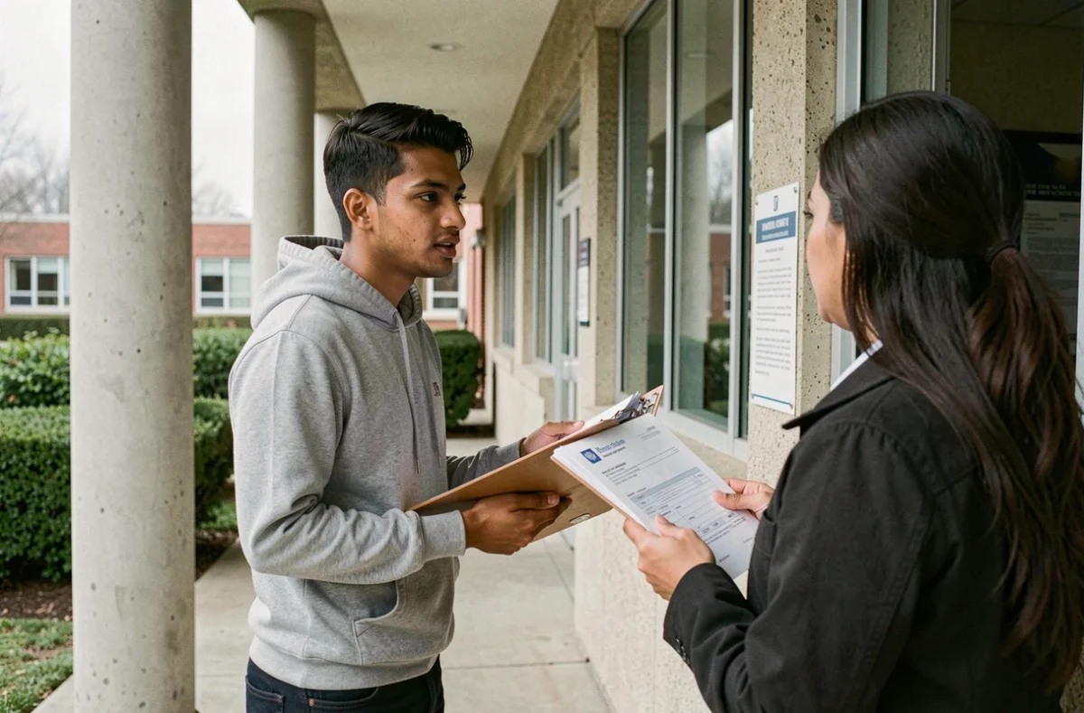 Étudiant étranger déposant des documents d'assurance à l'accueil universitaire