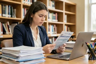 Étudiante étrangère lisant une brochure d'assurance à l'université