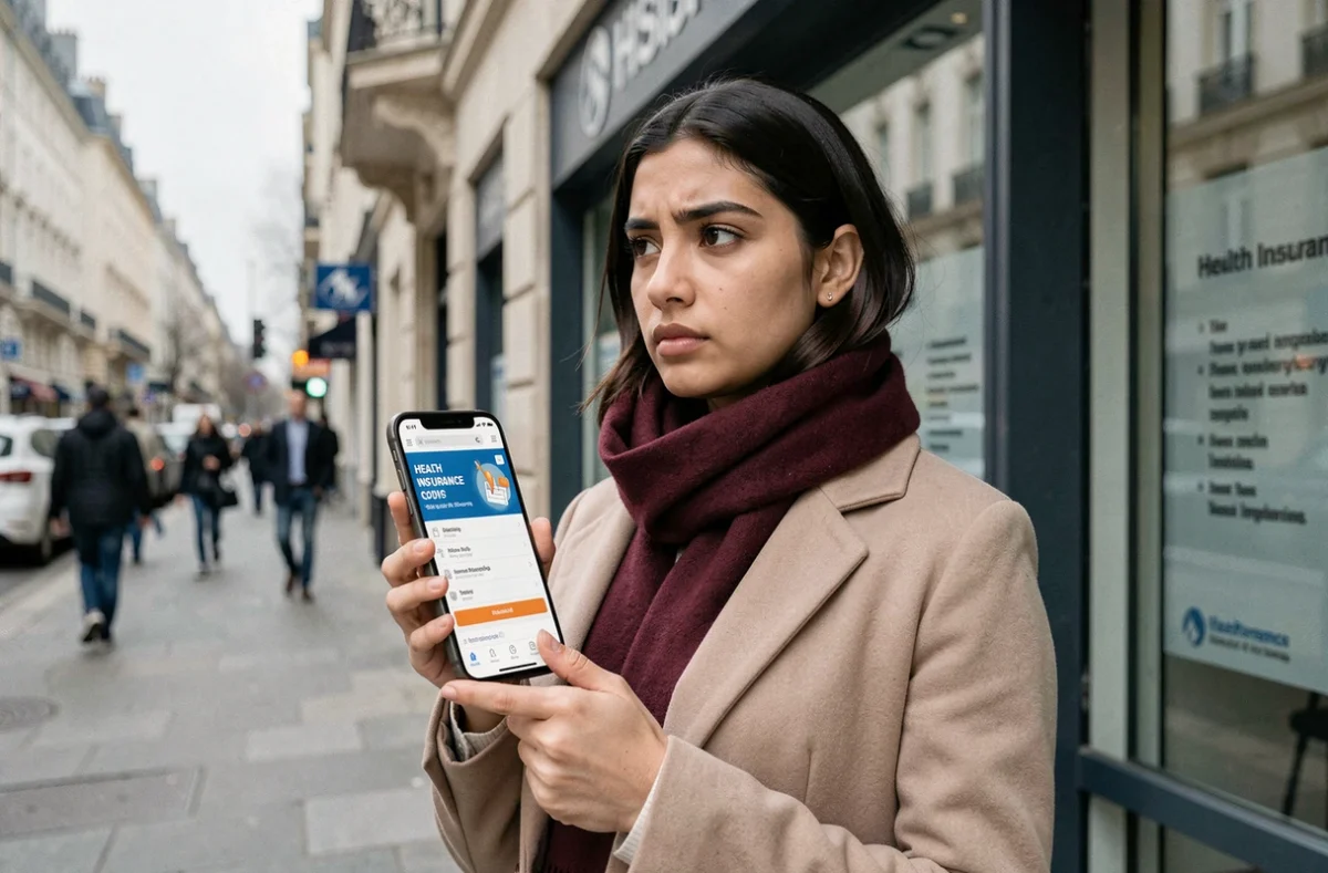 Étudiante étrangère comparant des offres d'assurance sur smartphone en ville