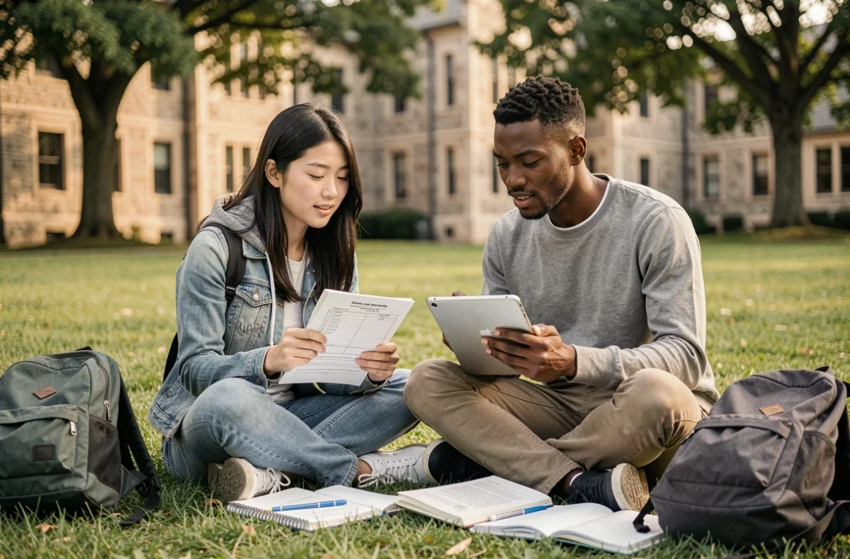 Deux étudiants internationaux consultant des formulaires d'assurance sur le campus