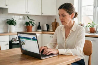 Femme consultant une évaluation immobilière en ligne sur son ordinateur portable dans une cuisine moderne avant une visite d'agent immobilier