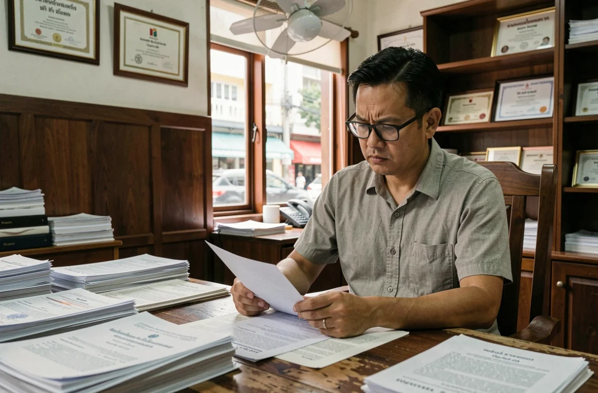 Expatrié français analysant des contrats immobiliers thaïlandais dans un bureau de notaire à Bangkok