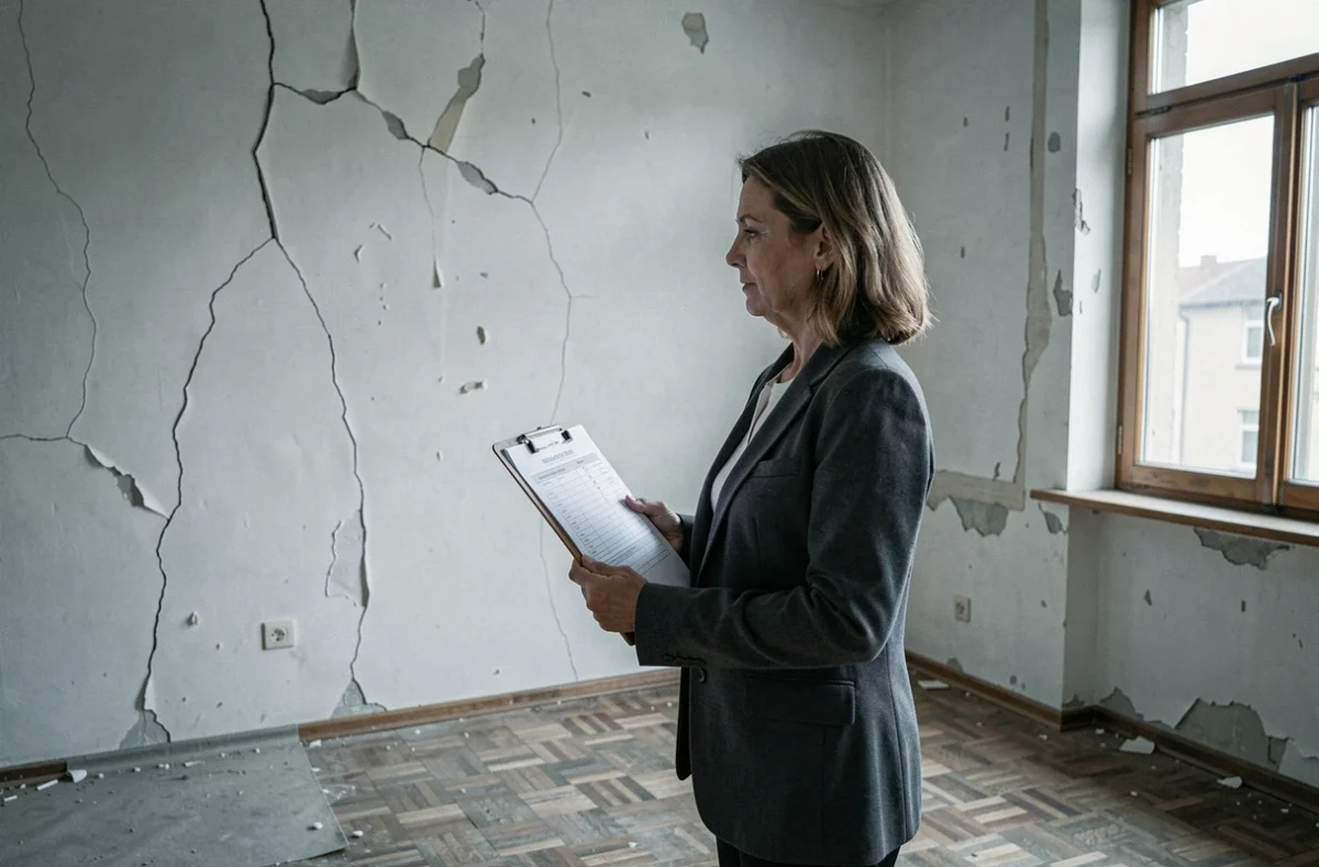 Experte immobilière inspectant les défauts d'un appartement vide lors d'une évaluation professionnelle
