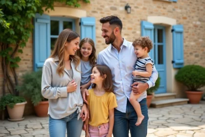 Famille souriante devant une maison en pierre à Béziers