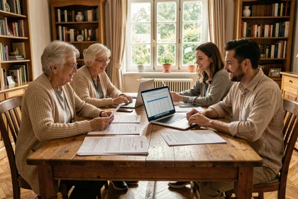 Famille multigénérationnelle étudiant des documents immobiliers pour défiscaliser leurs revenus locatifs ensemble