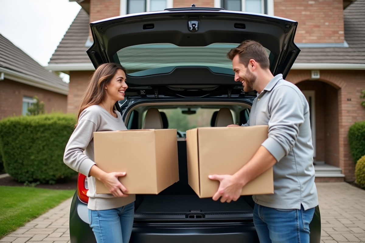 Famille déchargeant des cartons de la voiture devant la maison