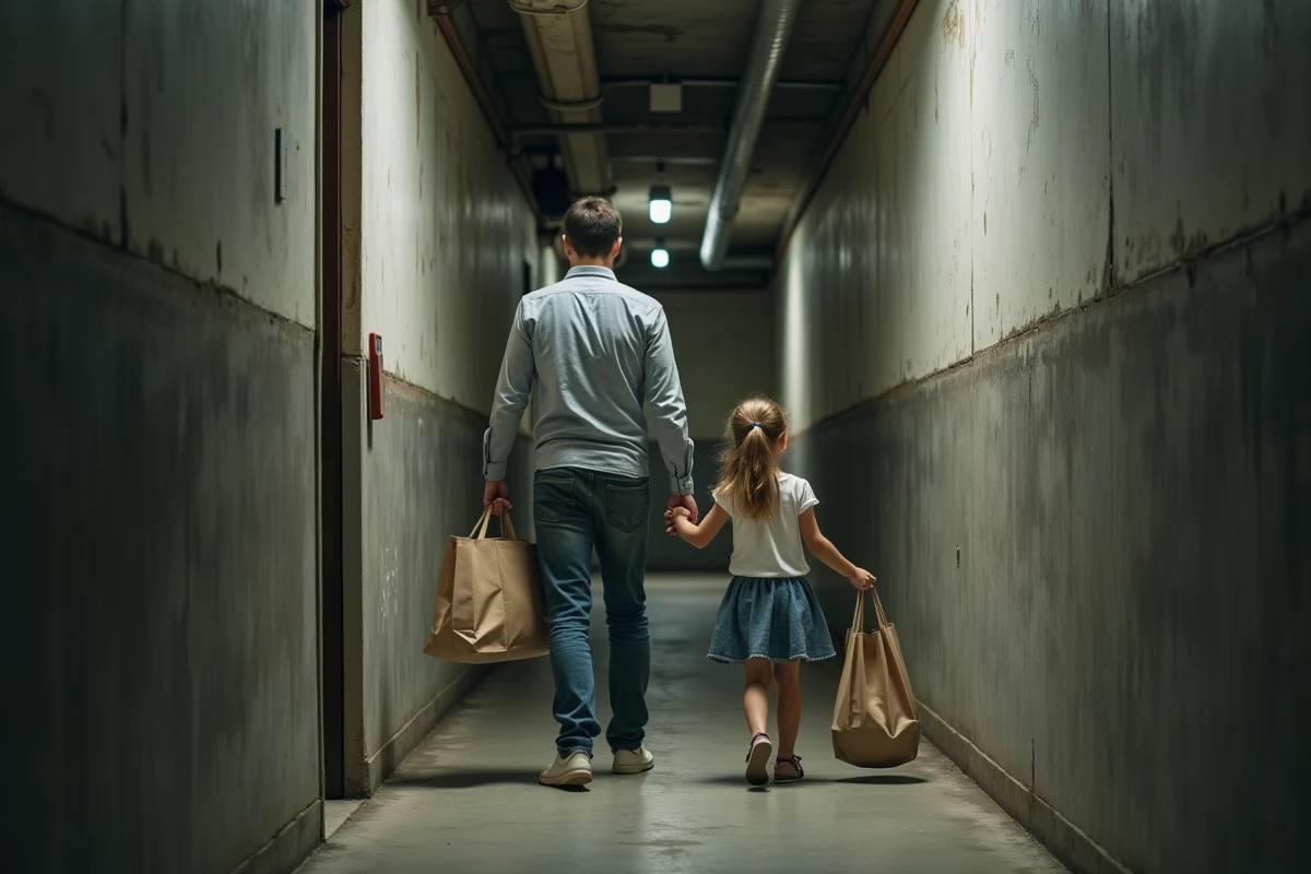Père et fille quittant un HLM dans un couloir gris