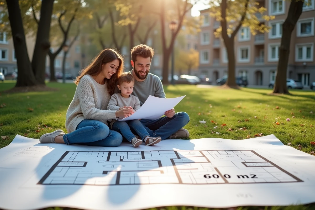 Famille regardant un plan dans un parc urbain avec surface marquée