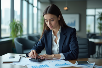 Jeune femme d'affaires en costume bleu dans un bureau moderne