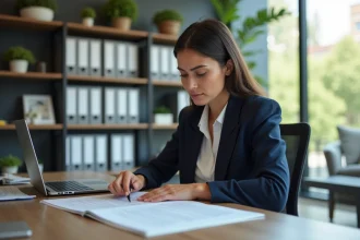Femme d'affaires en réunion immobilière dans un bureau