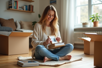 Femme assise sur le sol avec des cartons et livres dans un salon lumineux