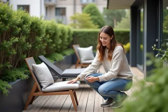Femme arrangeant mobilier de terrasse extérieur