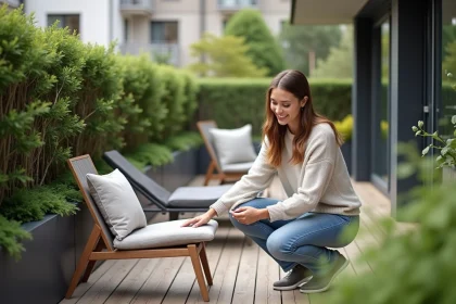 Femme arrangeant mobilier de terrasse extérieur