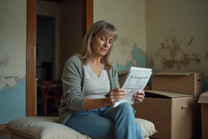 Femme d'âge moyen dans un appartement modeste regarde ses factures