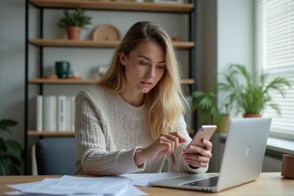 Femme analysant une application de cashback BIM sur smartphone dans un bureau à domicile en 2026