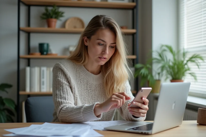 Femme analysant une application de cashback BIM sur smartphone dans un bureau à domicile en 2026