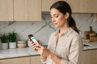 Femme utilisant une application mobile de gestion de l'habitat sur smartphone dans une cuisine moderne raffinée