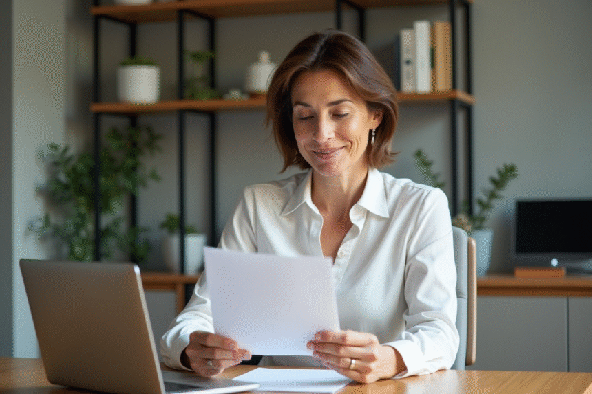 Femme d'une quarantaine examine des documents hypothécaires dans un bureau moderne
