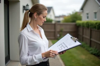 Femme d affaires examinant des plans architecturaux dehors
