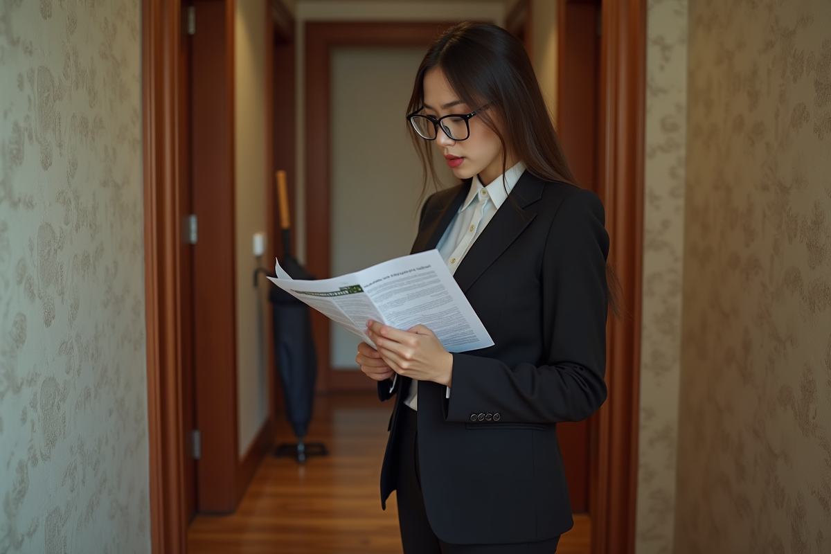 Jeune femme en costume examinant un document humide