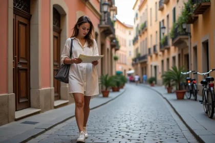 Jeune femme avec carte dans le quartier Carmes à Toulouse