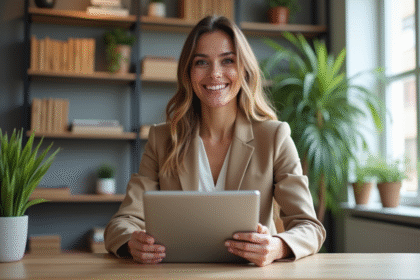 Femme souriante avec tablette dans un bureau moderne