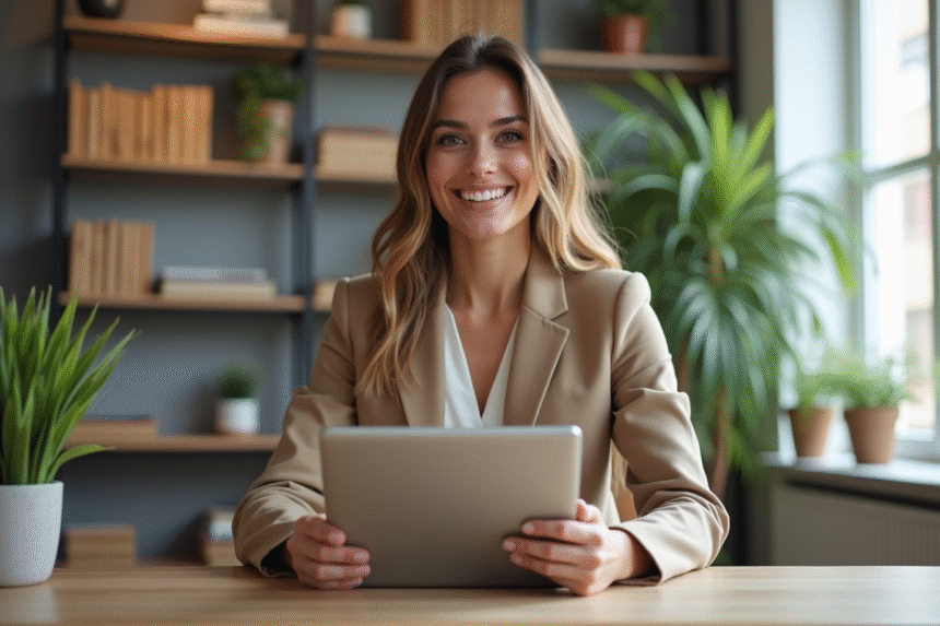 Femme souriante avec tablette dans un bureau moderne