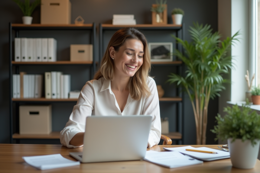 Femme en bureau à domicile souriante et productive
