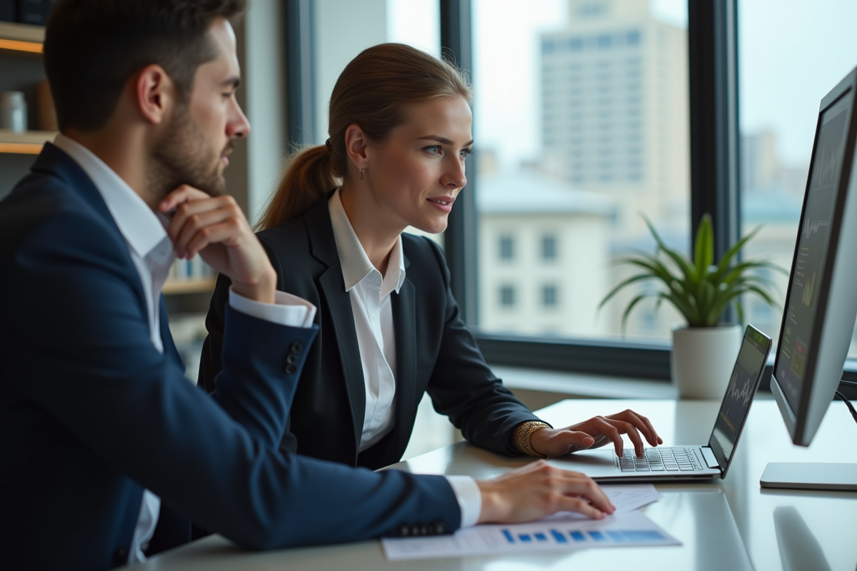 Jeune femme consultante avec un conseiller fiscal dans un bureau contemporain