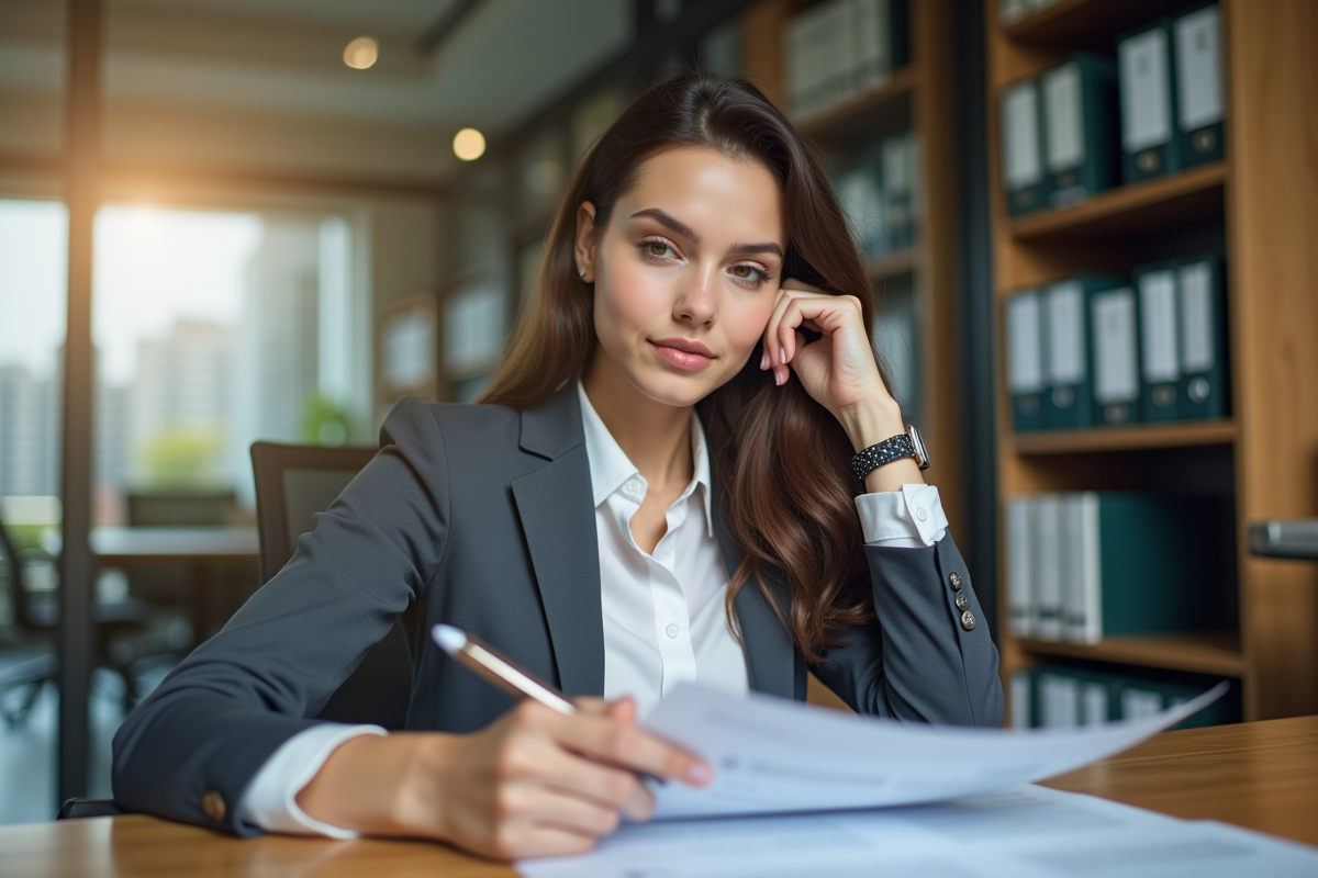 Jeune femme lisant un contrat de garantie au bureau