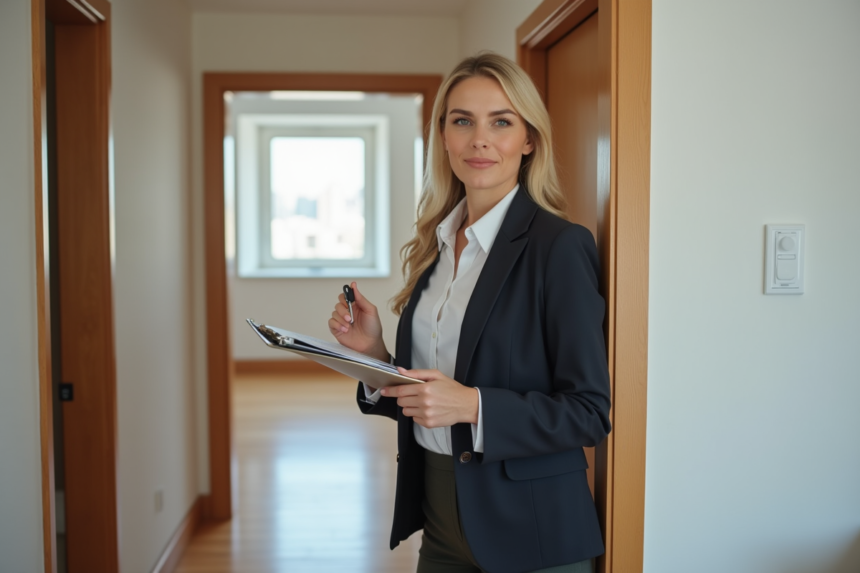 Femme vérifiant une liste devant une porte d'appartement