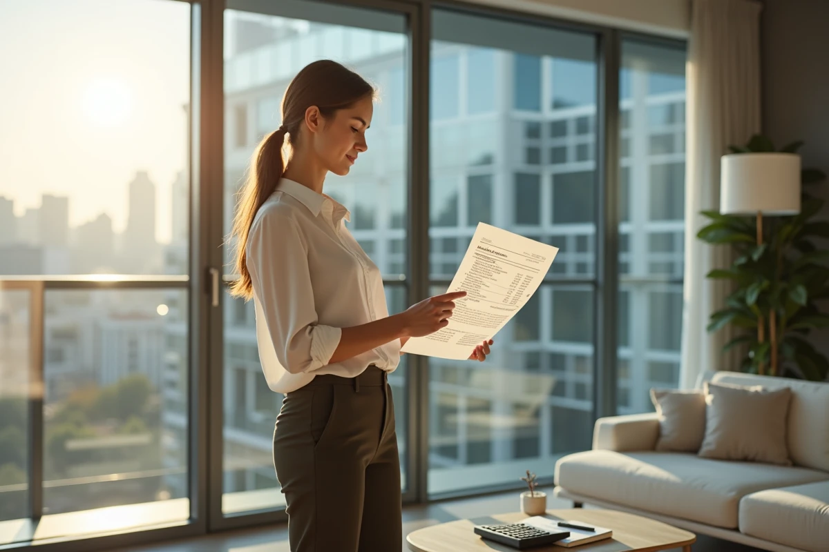 Jeune femme analysant un contrat de location en appartement