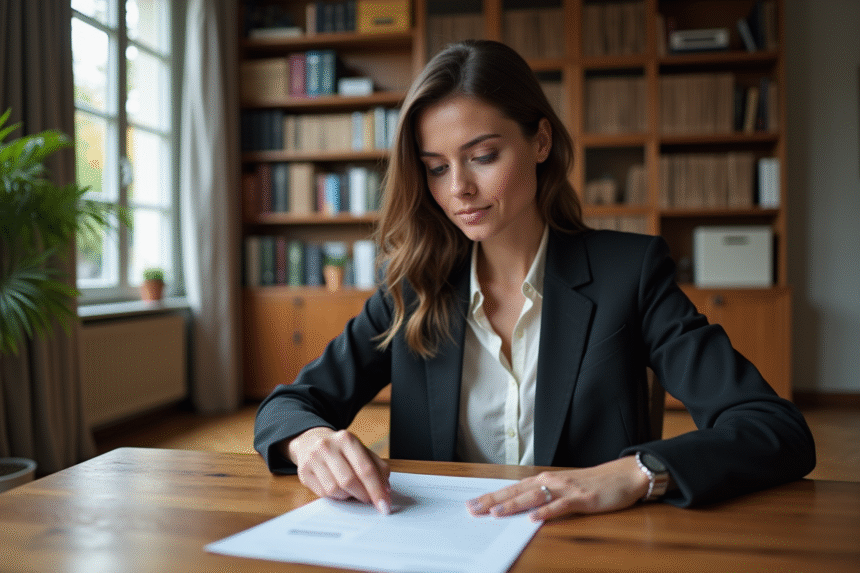 Femme professionnelle examine un contrat de location dans un appartement moderne