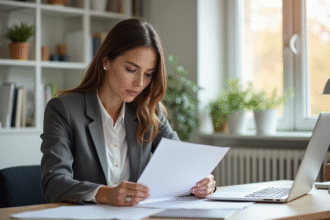 Femme en costume vérifiant des papiers de location dans un bureau moderne