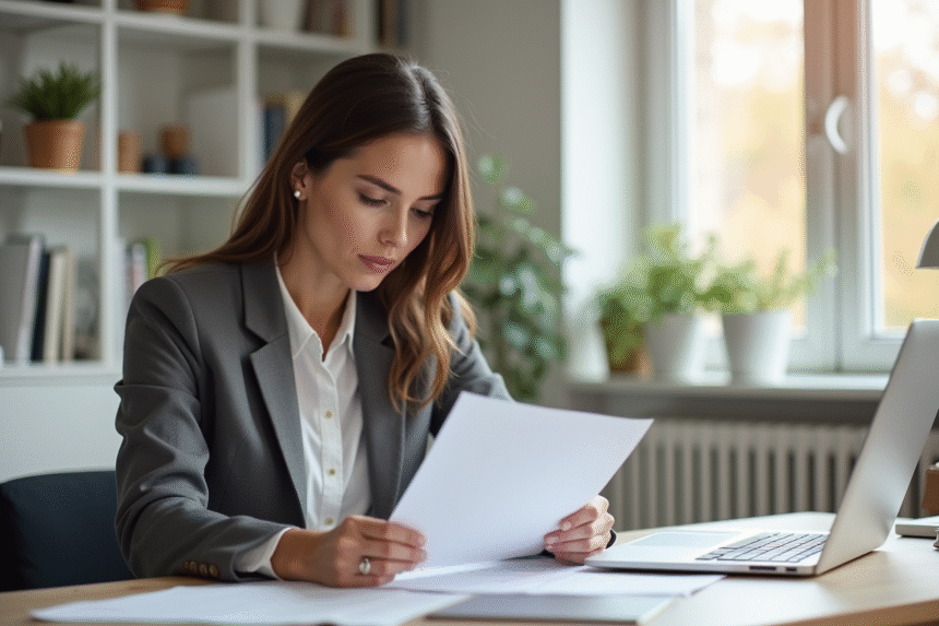Femme en costume vérifiant des papiers de location dans un bureau moderne