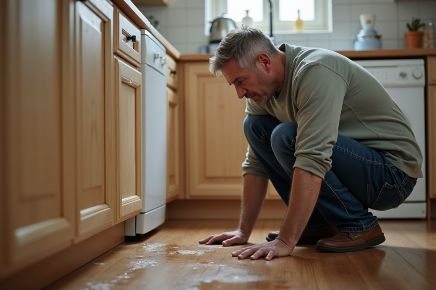Homme regardant un sol inonde dans une cuisine moderne