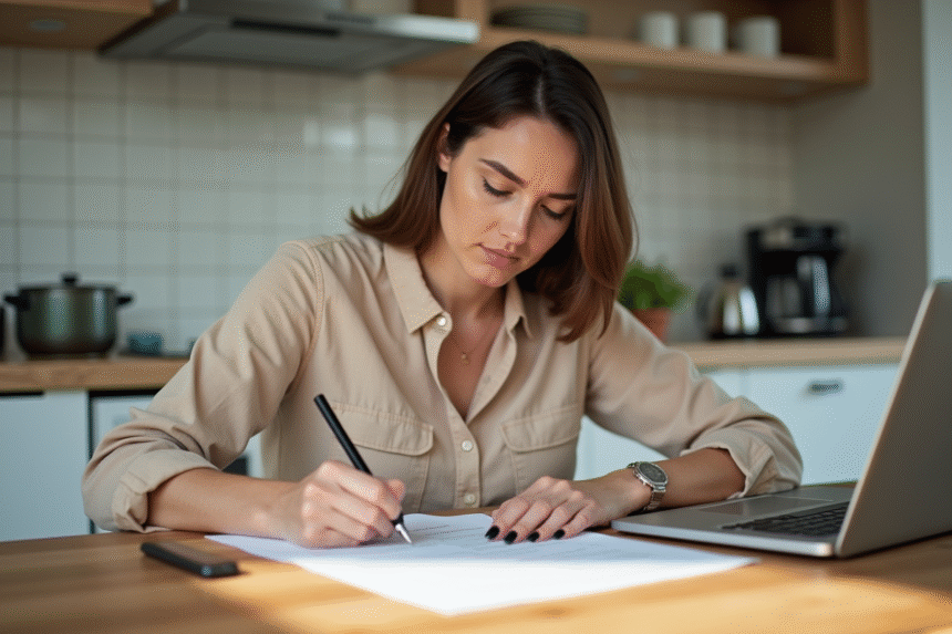 Femme d'âge moyen remplissant déclaration de revenus à la maison