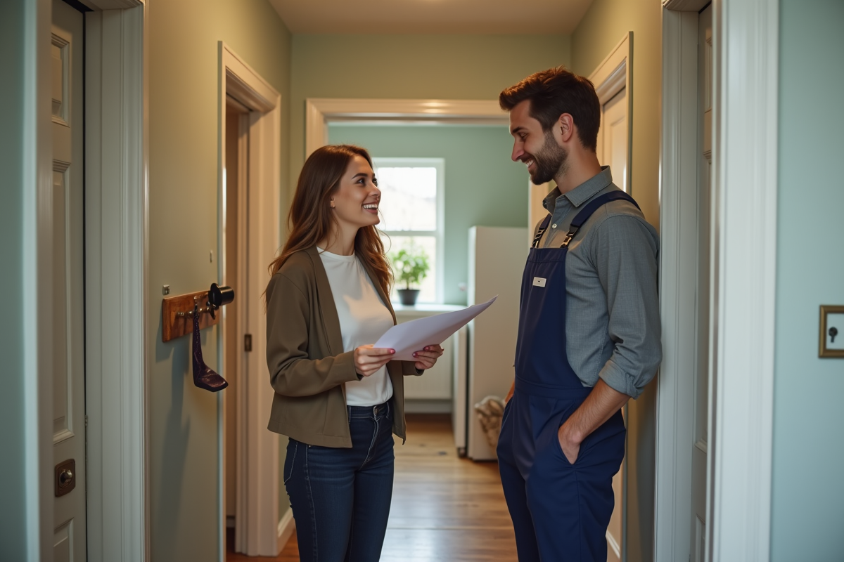 Femme et plombier discutant dans un couloir d