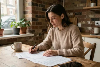 Femme consultant des documents d'assurance habitation dans un appartement à Aubervilliers