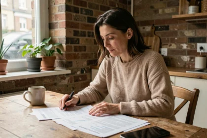 Femme consultant des documents d'assurance habitation dans un appartement à Aubervilliers