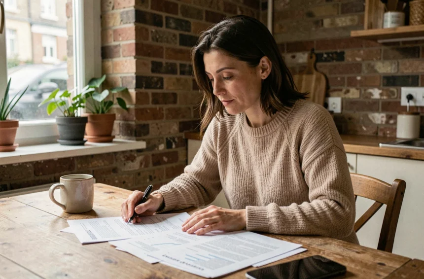 Femme consultant des documents d'assurance habitation dans un appartement à Aubervilliers