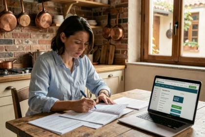 Femme consultant des documents d'assurance habitation sans franchise à une table de cuisine